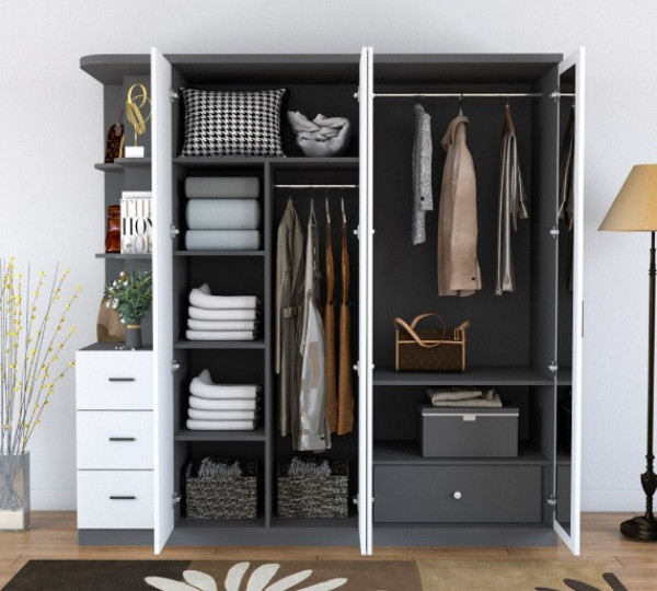 Tủ Quần Áo Gỗ Công Nghiệp 4 Cánh Mở Cao 2m có kệ góc trang trí TAG22