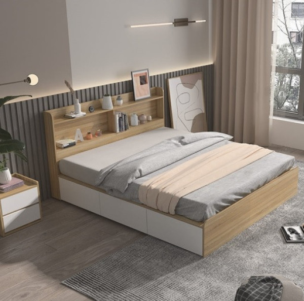 Giường Ngủ Gỗ Công Nghiệp Có Ngăn Kéo Thông Minh 1m2x2m Màu Sồi GN80